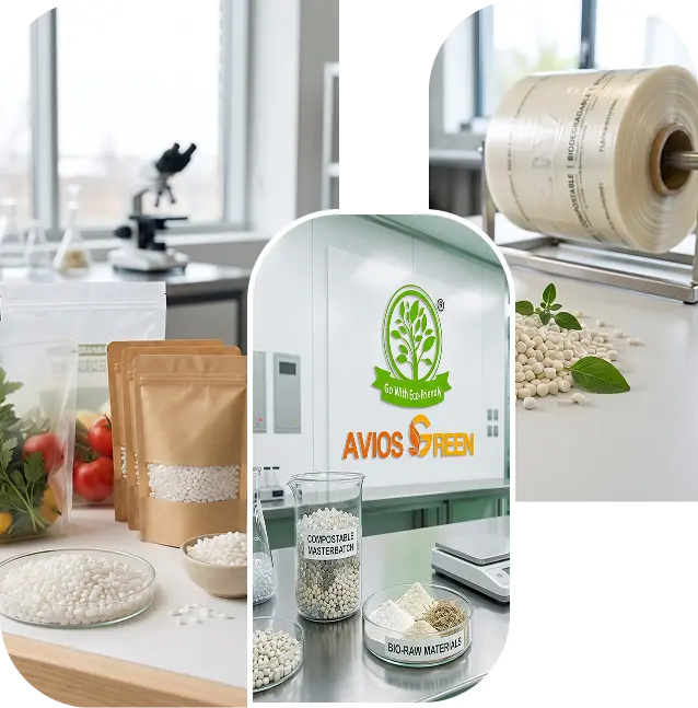 Bioplastic products collage showing eco-friendly packaging and bioplastic pellets